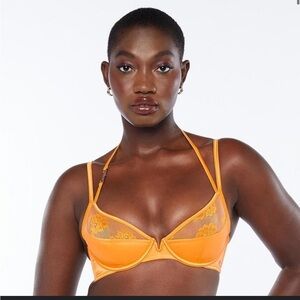 NWT Savage X Fenty Strappy Orange Bra Super Unique Lace Satin Gold Details SZ36C